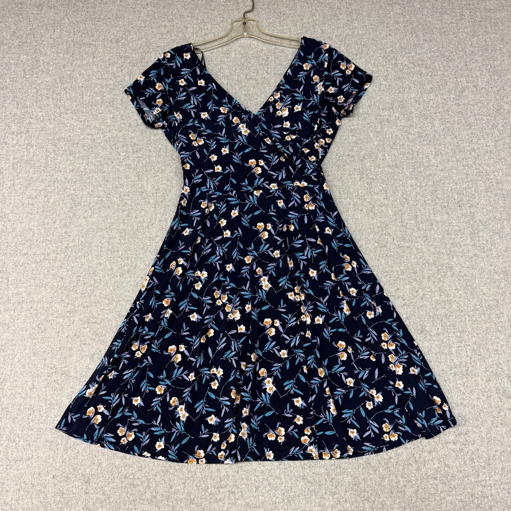 Kaileigh | Floral Fit and Flare Dress | Small | Navy Blue | V-Neck Short Sleeve